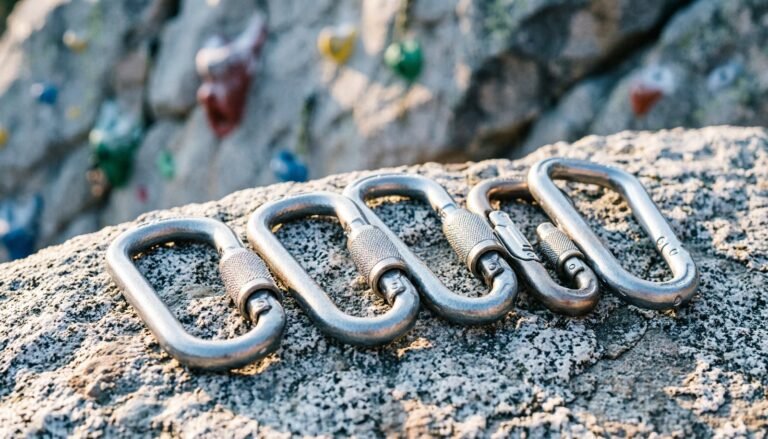 An assortment of screwgate and auto-locking carabiners displayed on a granite rock surface.