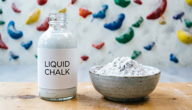 A bottle of liquid climbing chalk next to a bowl of powder chalk.