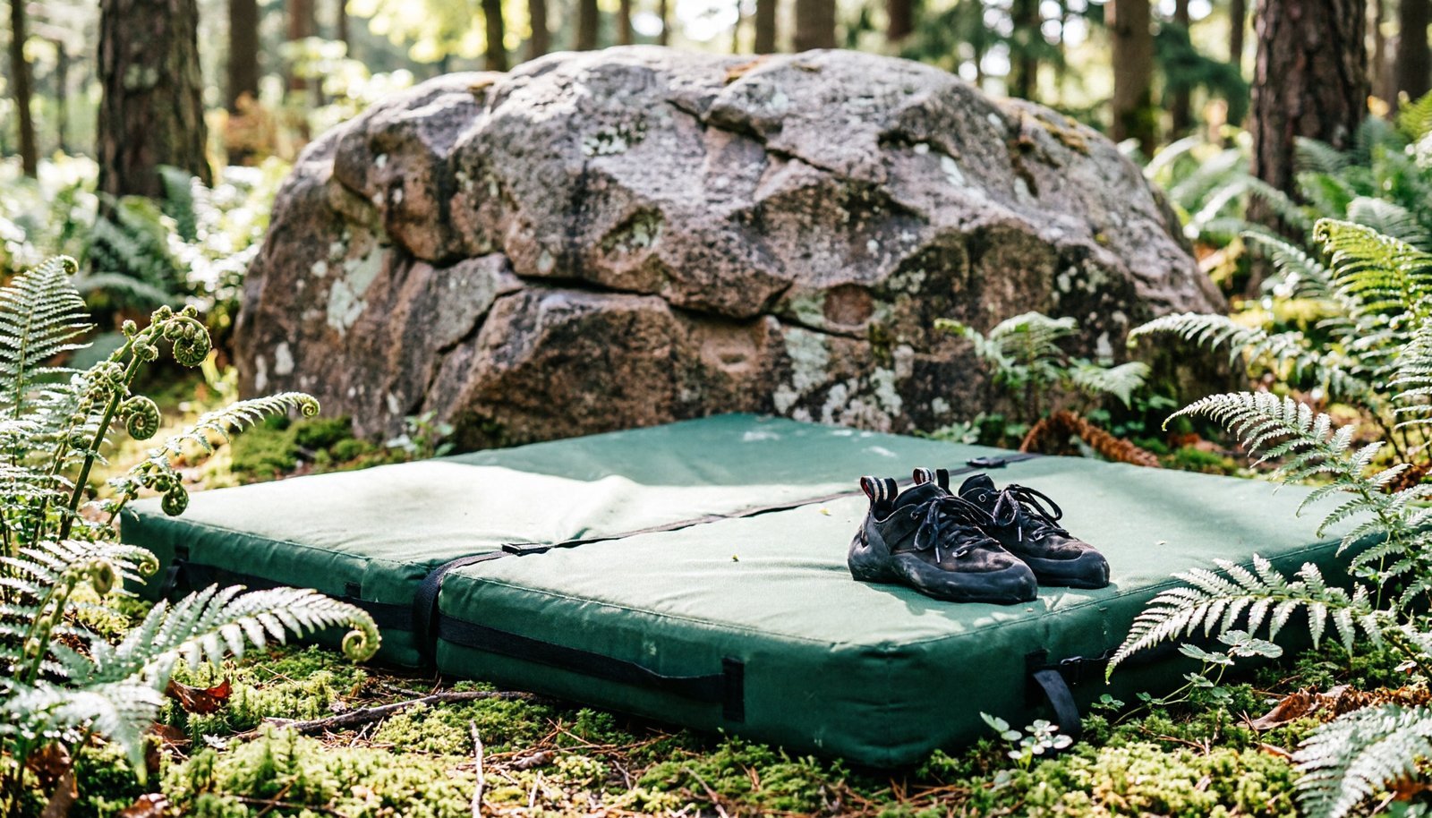 A bouldering crash pad rests at the base of a large granite rock outdoors.