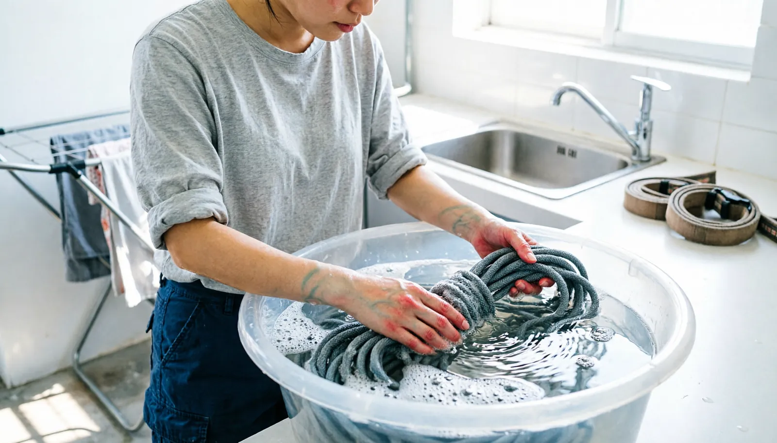 A clean climbing rope is being washed gently in a tub of water.
