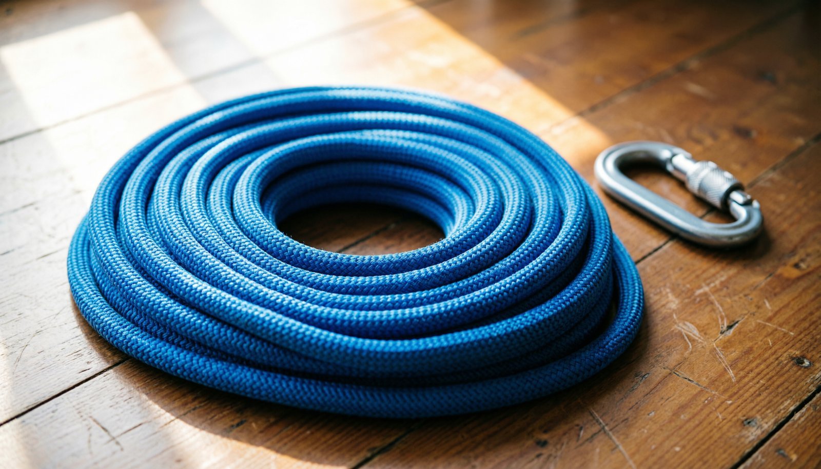 A clean climbing rope coiled neatly on a wooden floor in bright natural light.