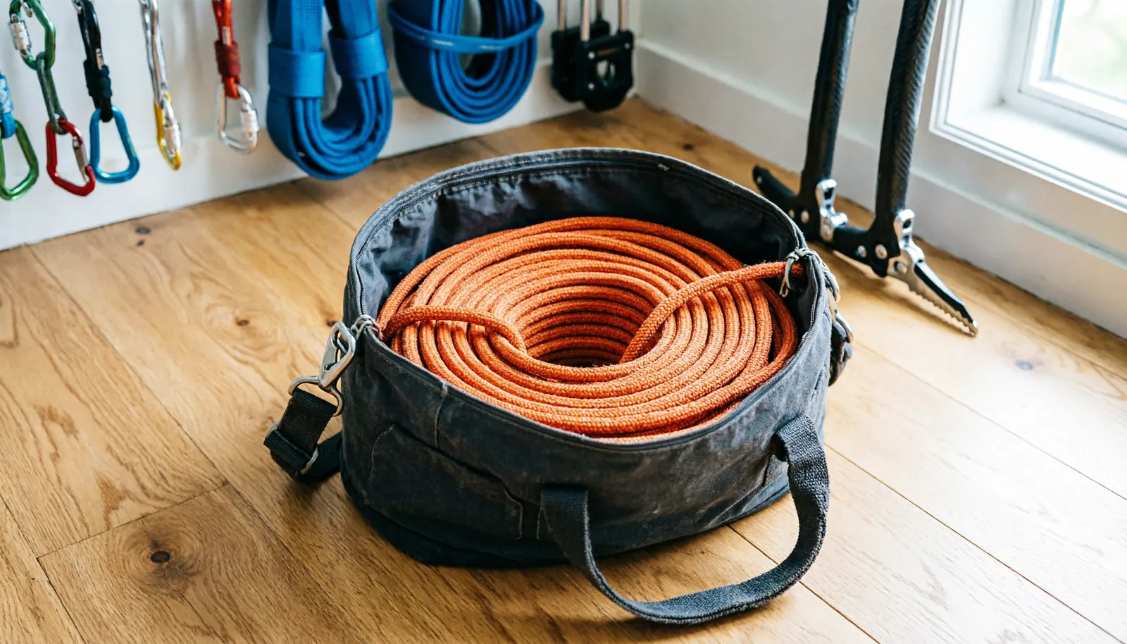 A clean climbing rope neatly coiled inside a protective rope storage bag.