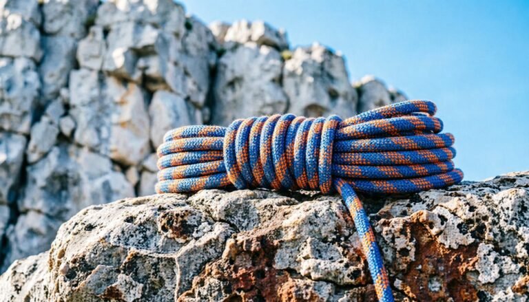 A clean, coiled climbing rope sits on granite rock at a climbing crag.