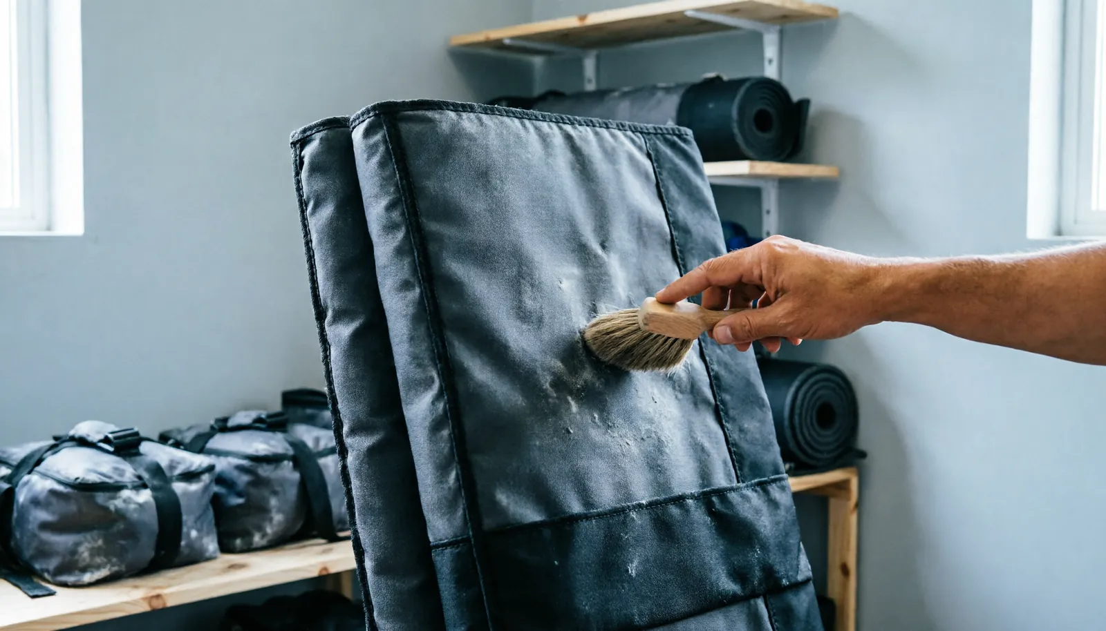 A climber carefully cleaning a folded bouldering crash pad before storing it away properly.