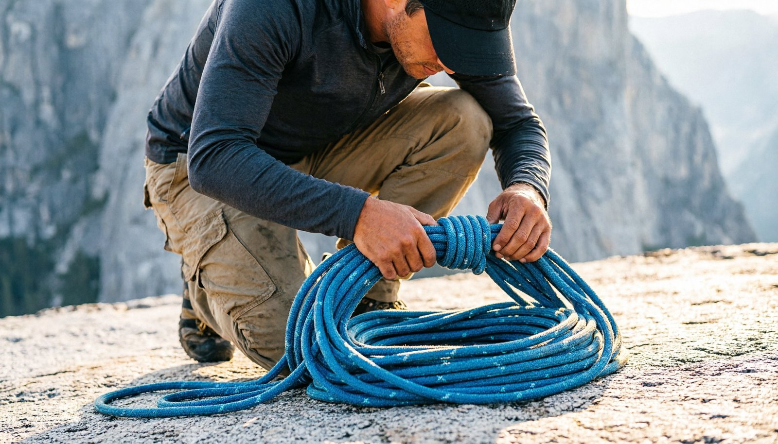 A climber carefully coiling a dynamic climbing rope at the base of a cliff.