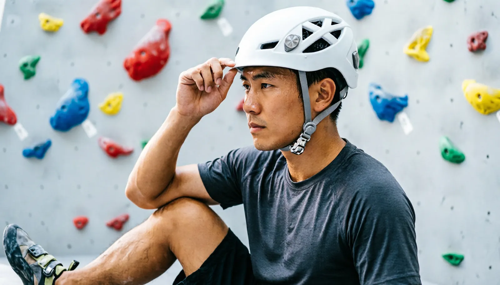 A climber checking the proper fit of their helmet above their eyebrows.