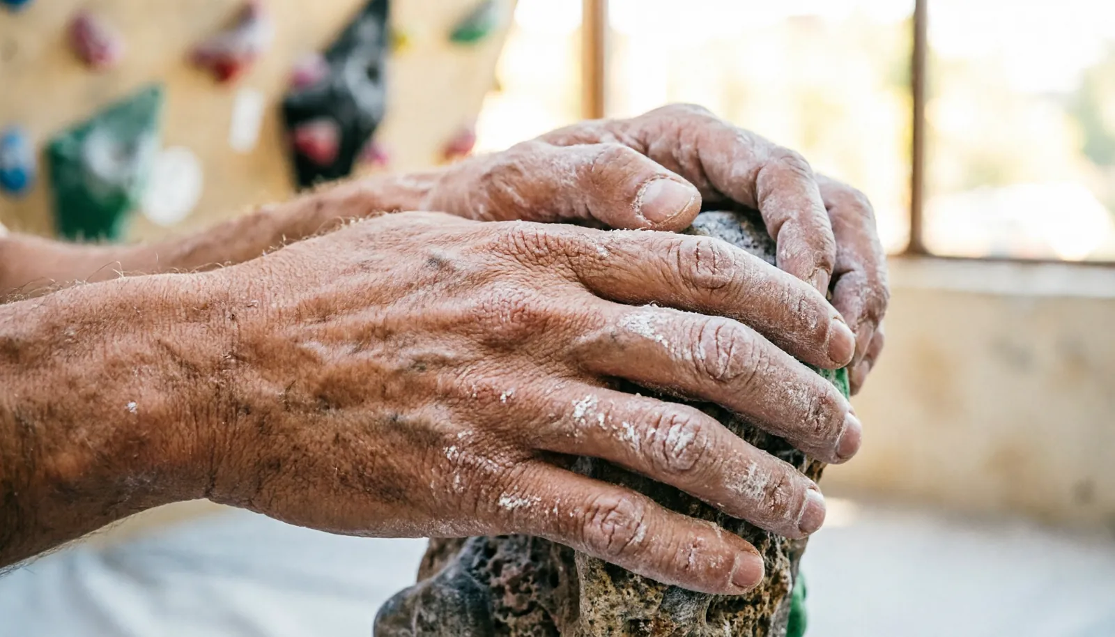 Climber hands covered in magnesium carbonate powder gripping a textured climbing hold.