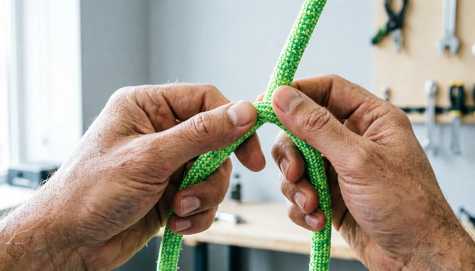Climber inspecting the climbing rope sheath for damage by running it through hands.