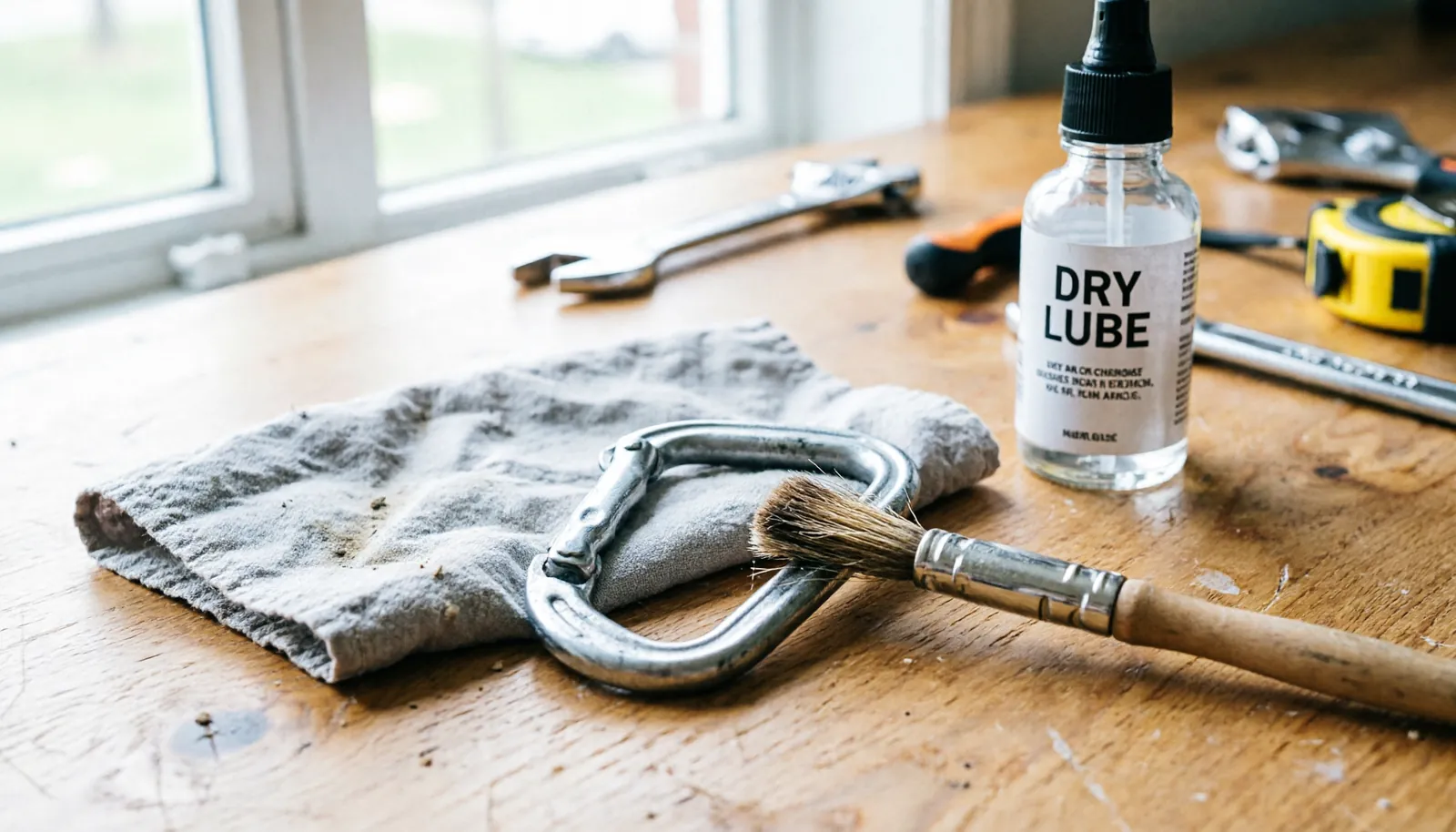 A climber maintaining a metal carabiner with cleaning tools on a wooden workbench.