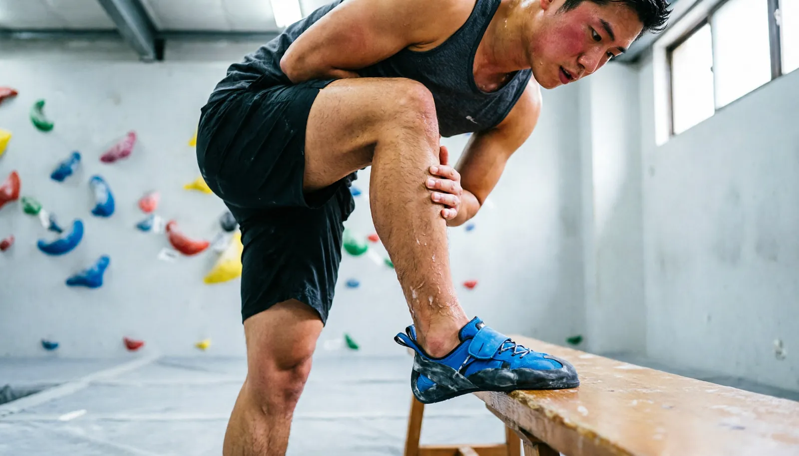 Climber standing up to test the fit and comfort of new climbing shoes.