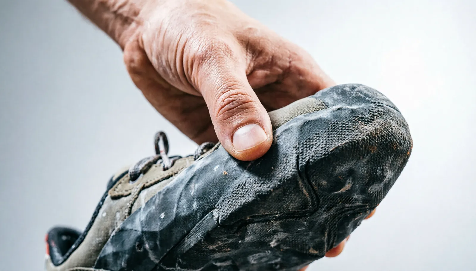 A climber testing their shoe rubber for slickness and oily residue.