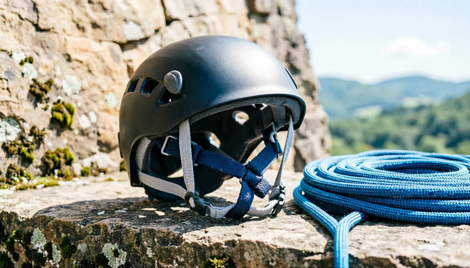 A climbing helmet stored in a cool, shaded area to maintain gear integrity.