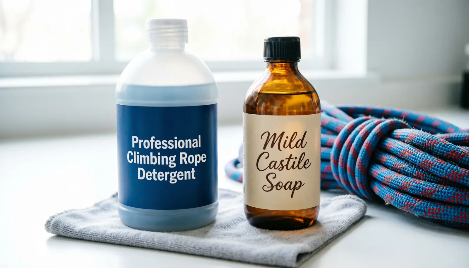 Climbing rope detergent and mild soap bottles sitting on a clean surface.