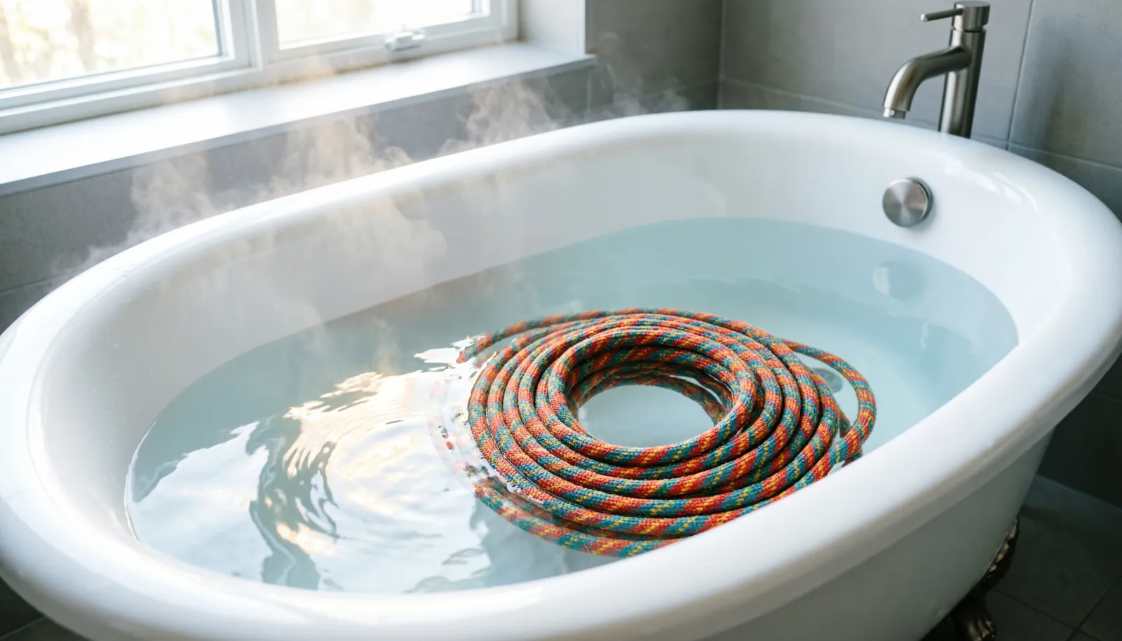 A climbing rope soaking in a bathtub of clean water for proper maintenance.