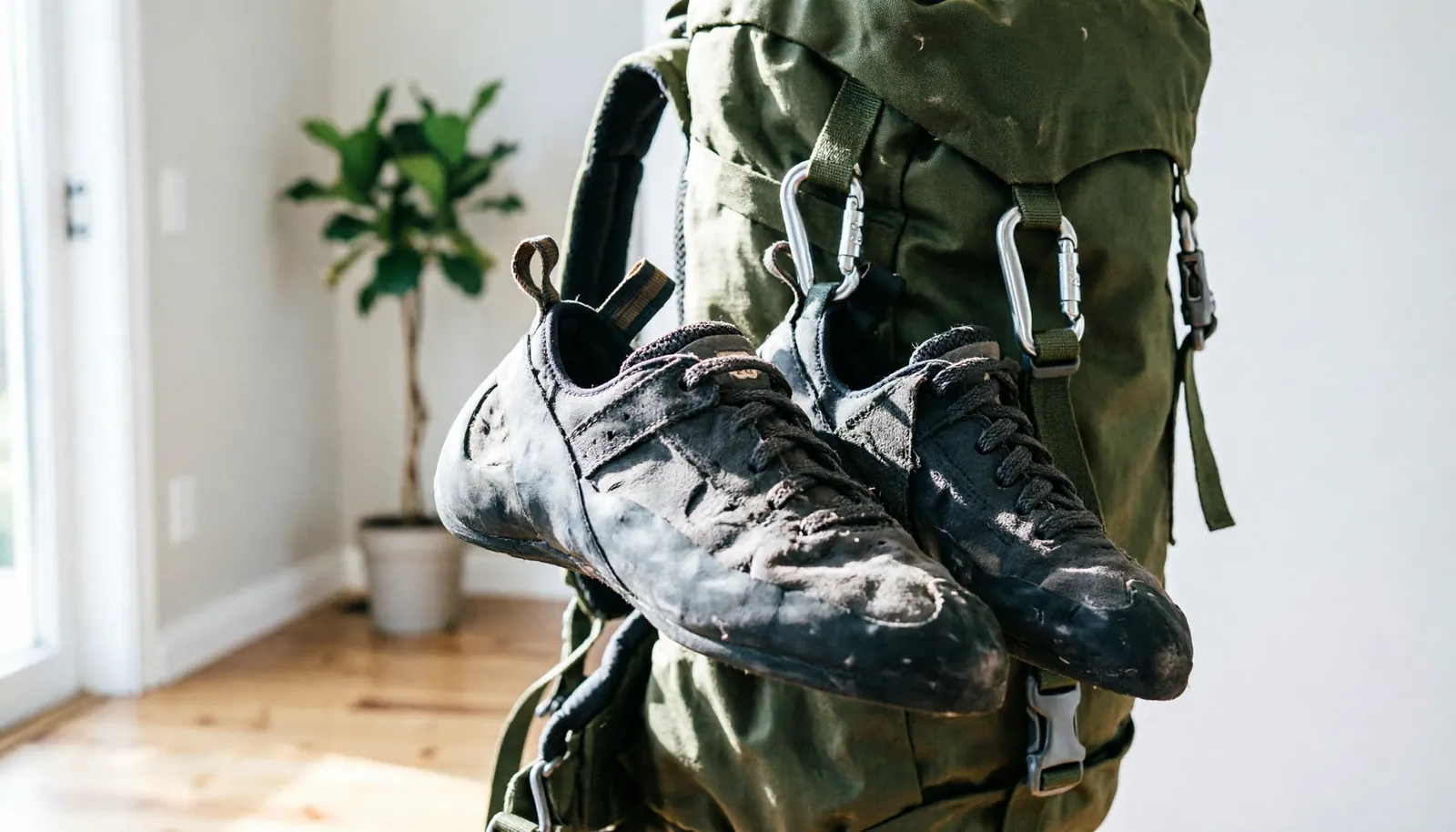 Climbing shoes clipped to the outside of a bag for proper air circulation.