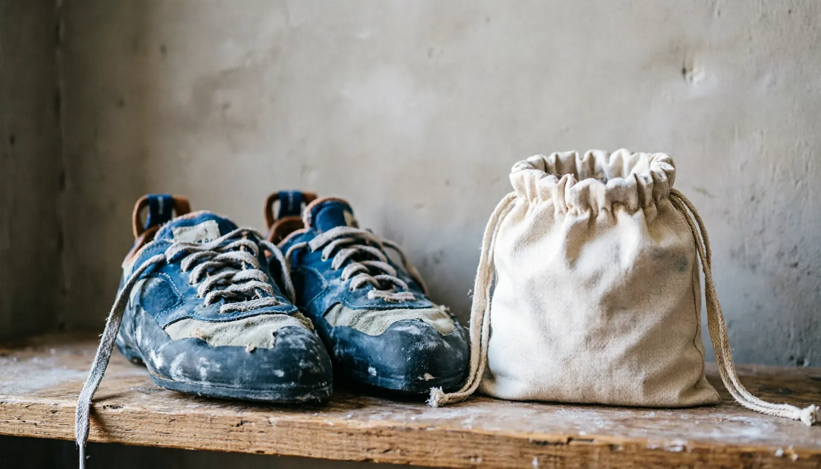 Climbing shoes drying on a shelf to maintain their rubber and fabric quality.