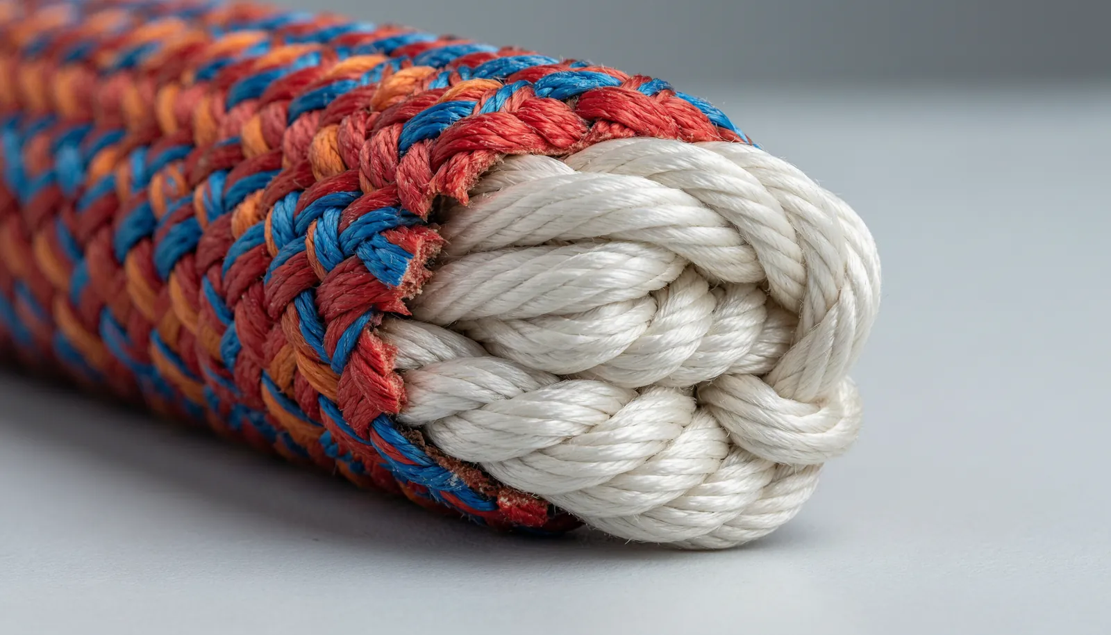 Close-up of a climbing rope showing the inner core and braided outer sheath.