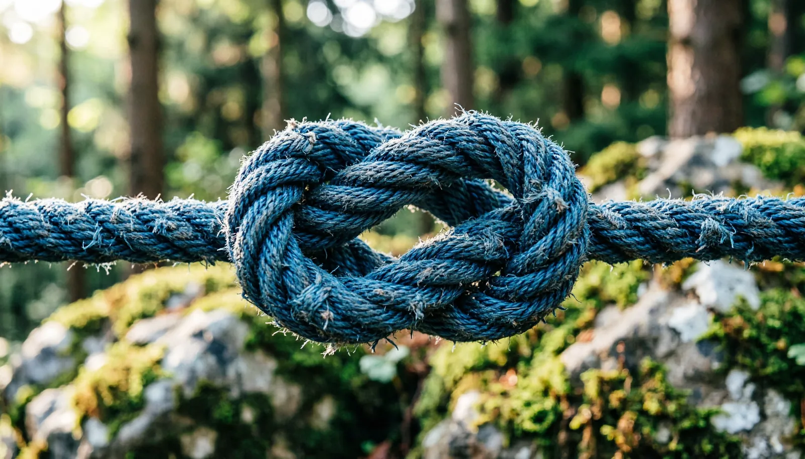 Close up detail of a tightly cinched climbing knot showing rope friction.