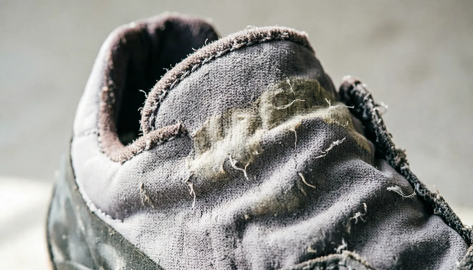 Close-up view of a climbing shoe interior showing moisture and fabric texture.