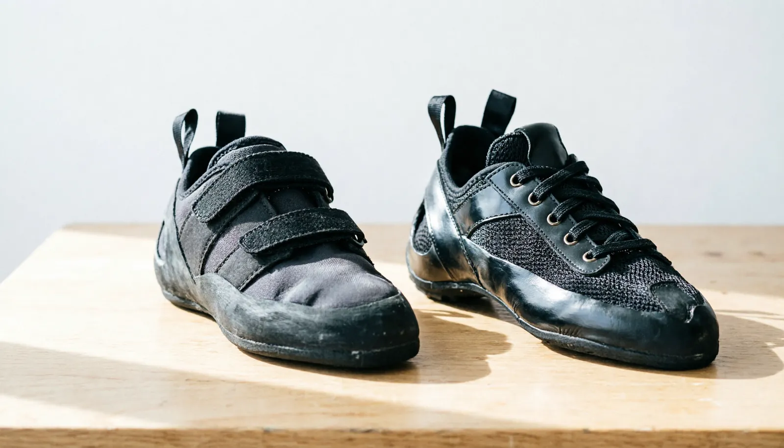 Comparison of a flat beginner climbing shoe and an aggressive advanced shoe.