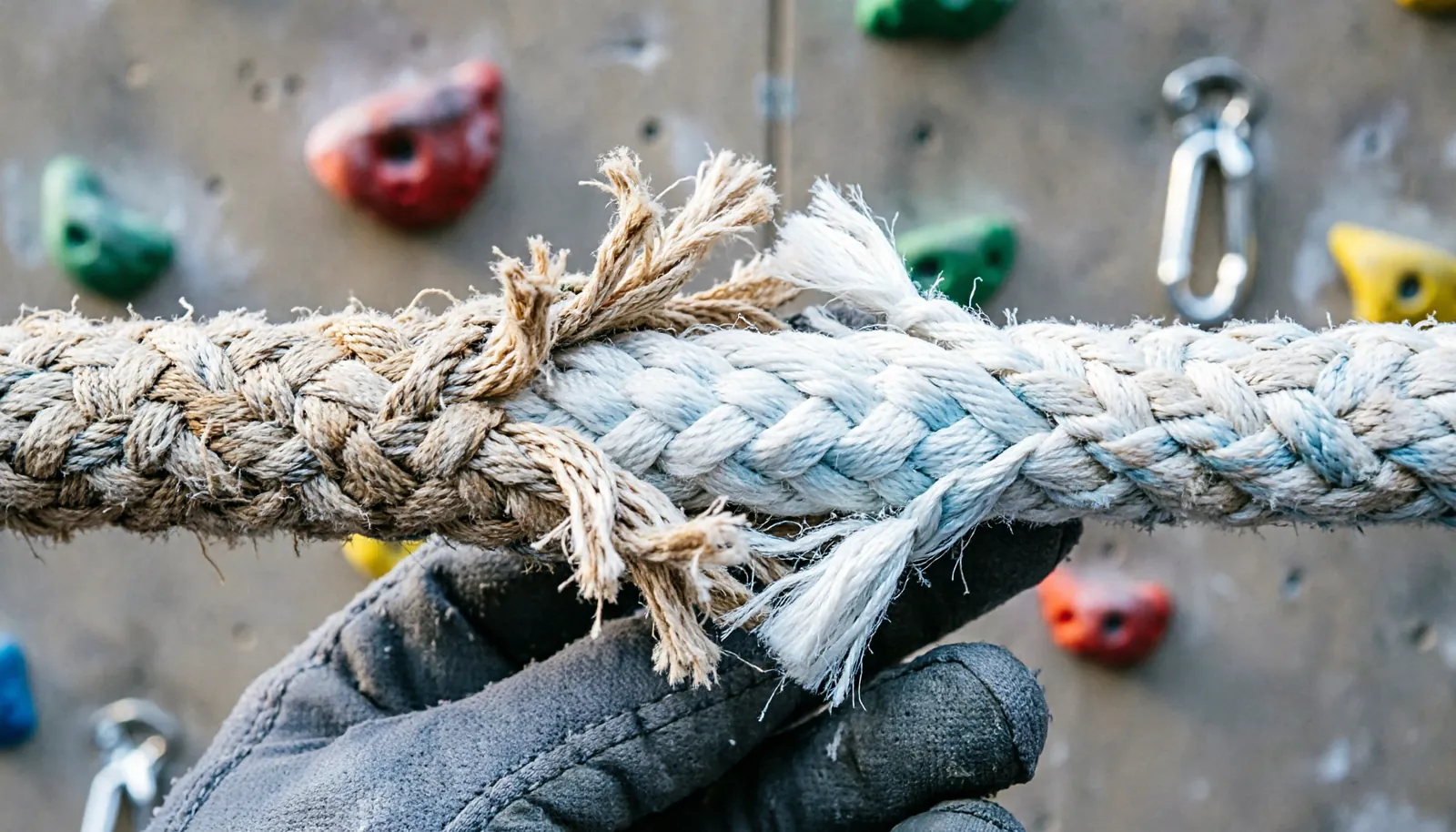 A damaged climbing rope reveals the white inner core through a frayed sheath.