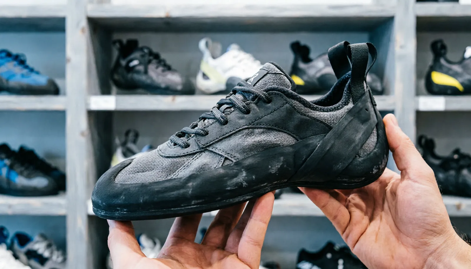Detailed view of the aggressive construction and tensioned rand of a climbing shoe.