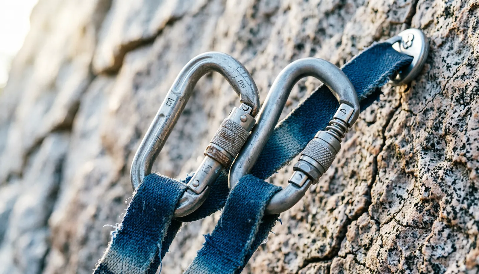 Different types of climbing carabiners attached to a nylon sling on a rock wall.