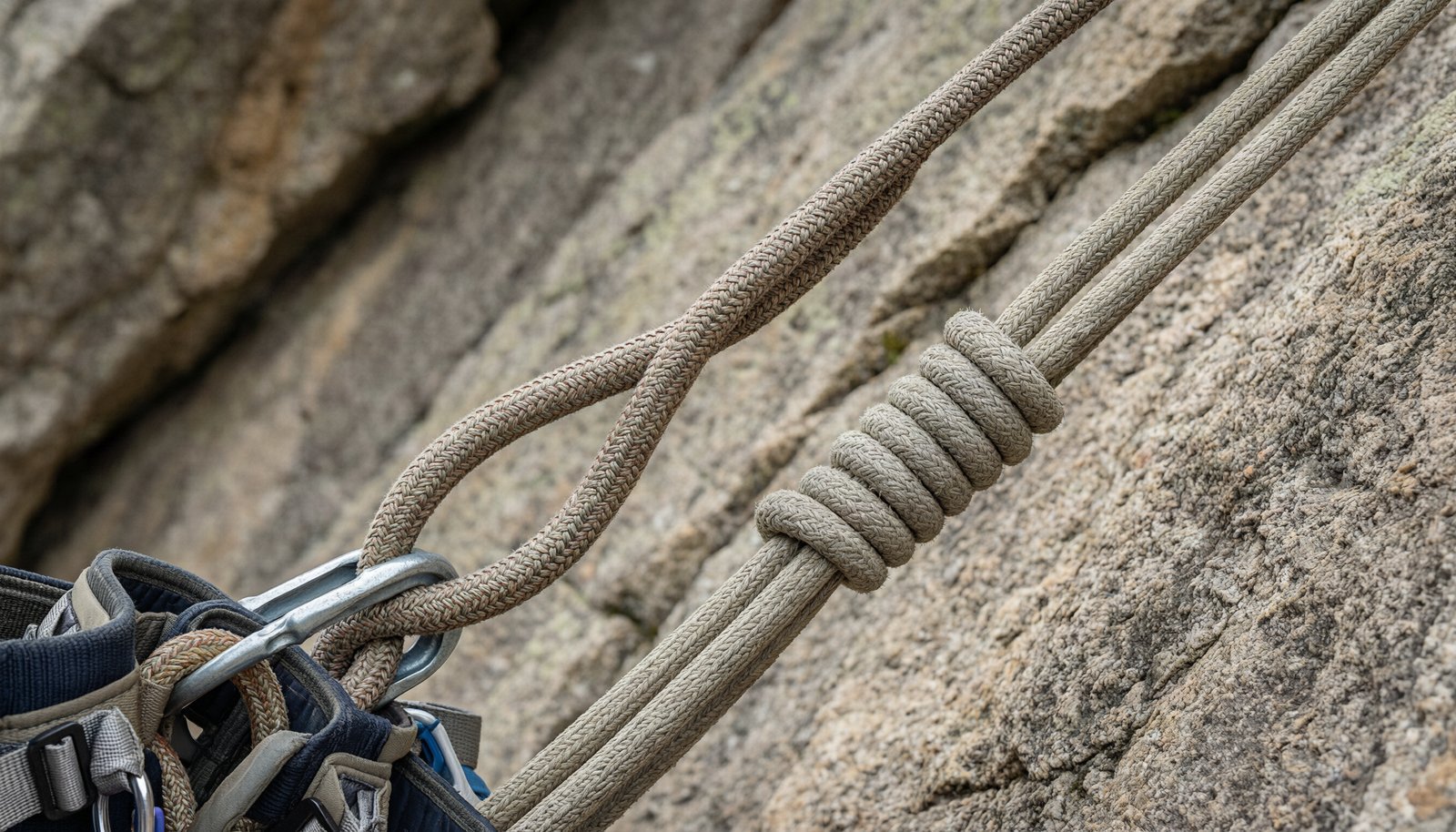A dynamic climbing rope and a static haul line rigged on a rock face.