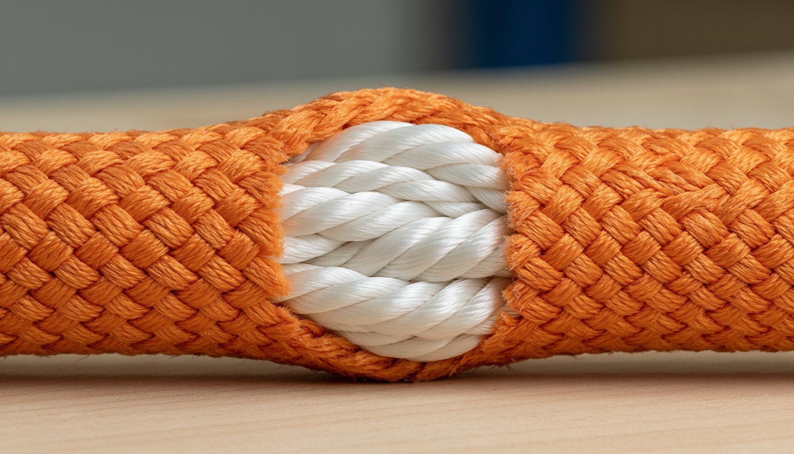 Cross-section view showing the internal core and outer sheath of a climbing rope.