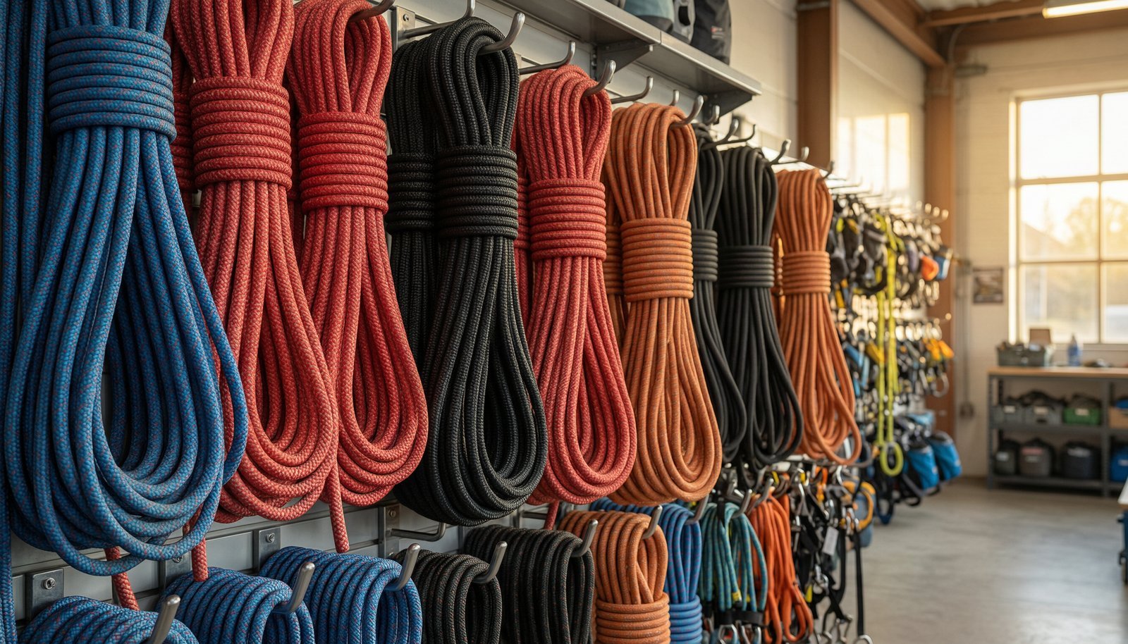 Various dynamic and static ropes hanging on an organized equipment rack in a shop.
