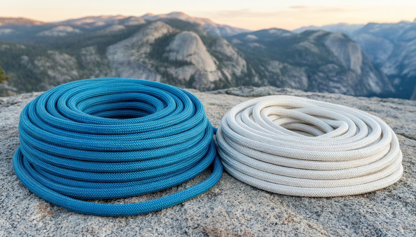 A blue dynamic rope and white static rope coiled on a granite mountain surface.