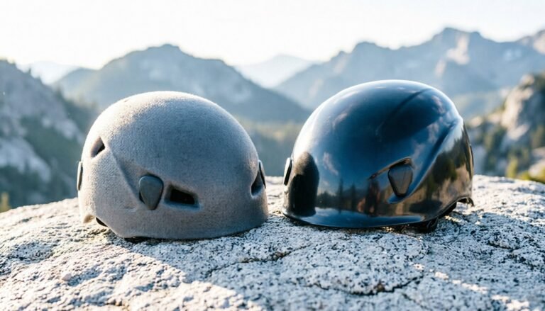 A foam and hardshell climbing helmet displayed side by side on granite rock.