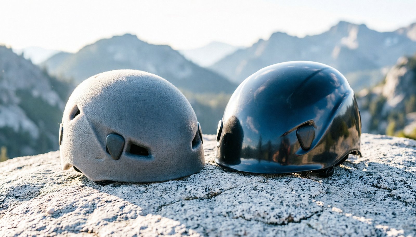 A foam and hardshell climbing helmet displayed side by side on granite rock.