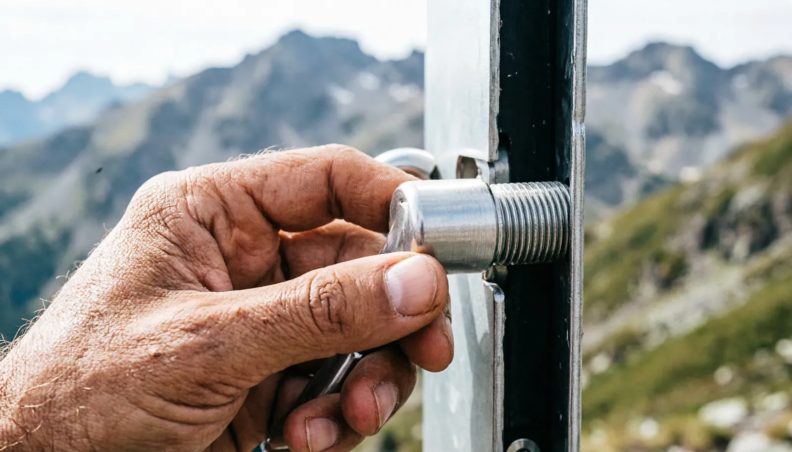 A hand twisting the threaded sleeve of a metal screwgate carabiner to lock it.