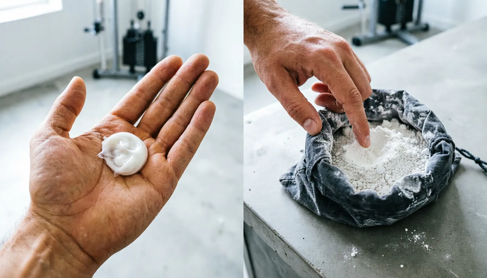 Hands demonstrating the application of liquid climbing chalk versus dry powder chalk.