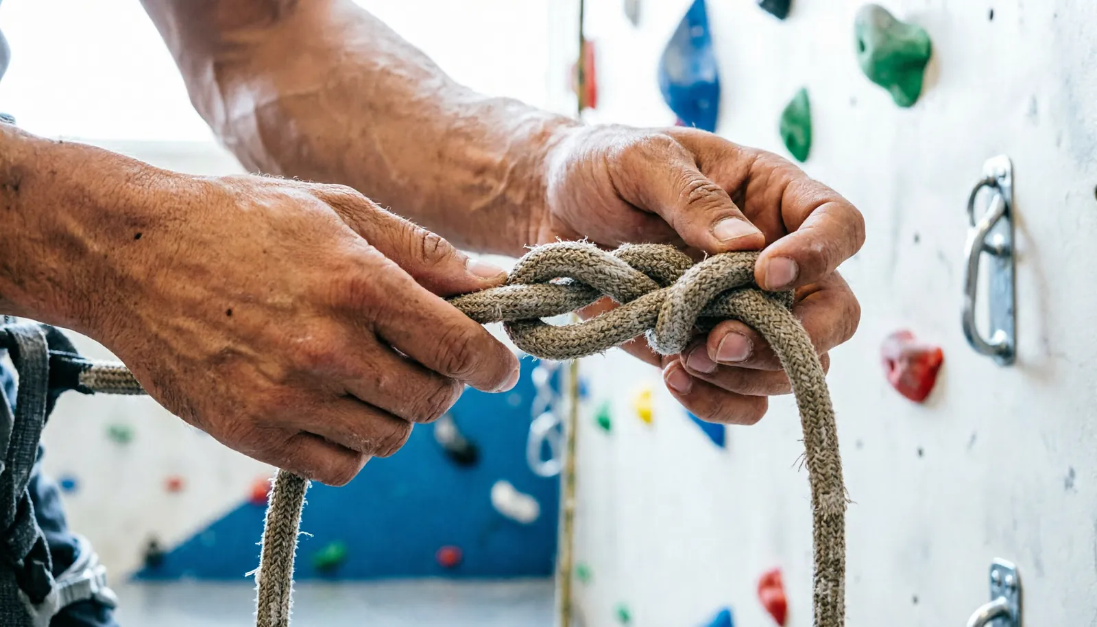 Hands performing a safety check on a correctly tied climbing knot.