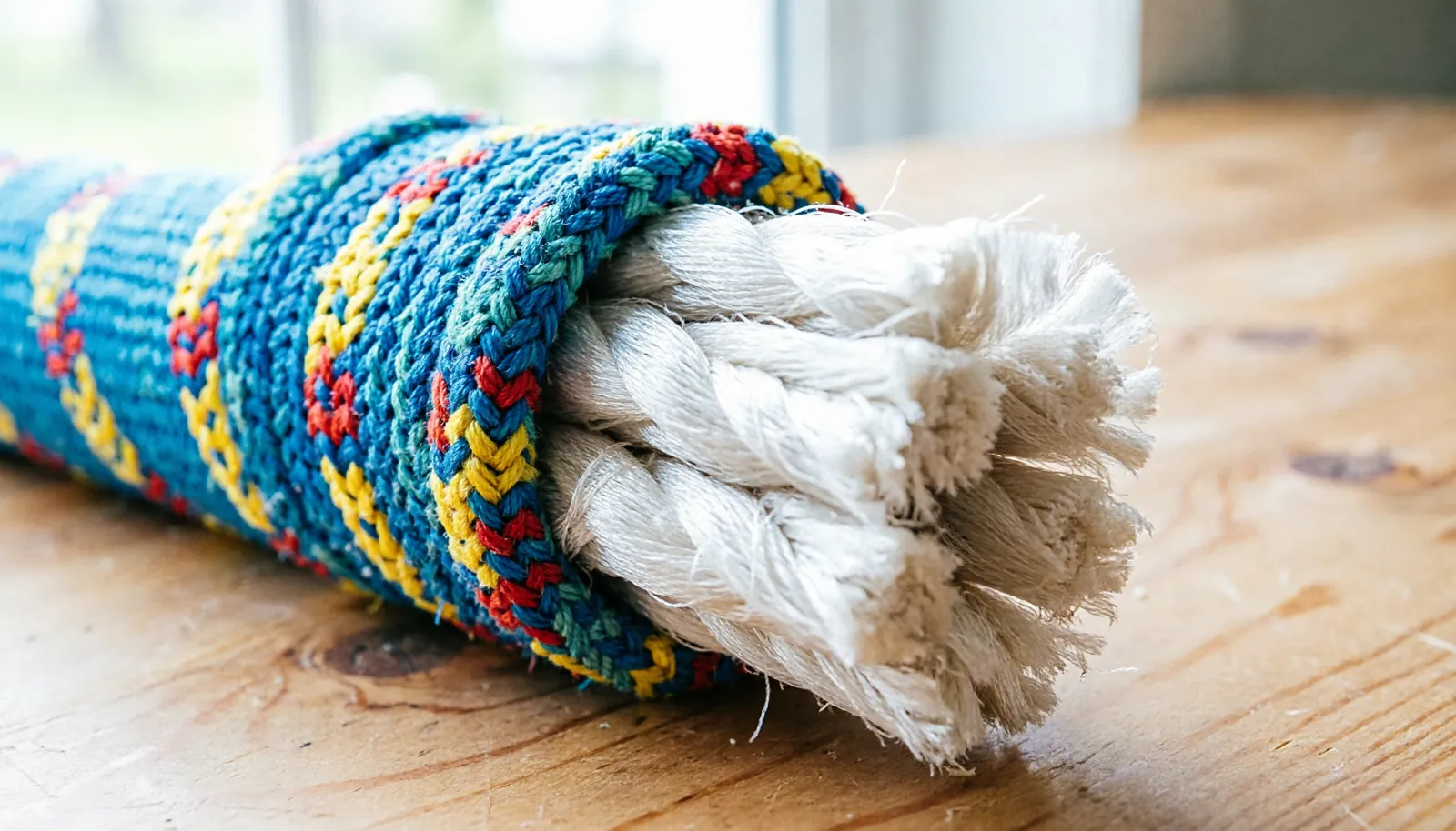 The interior nylon core fibers are visible inside a cut climbing rope.