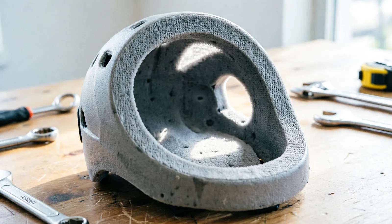The internal foam structure of a climbing helmet designed for impact energy absorption.