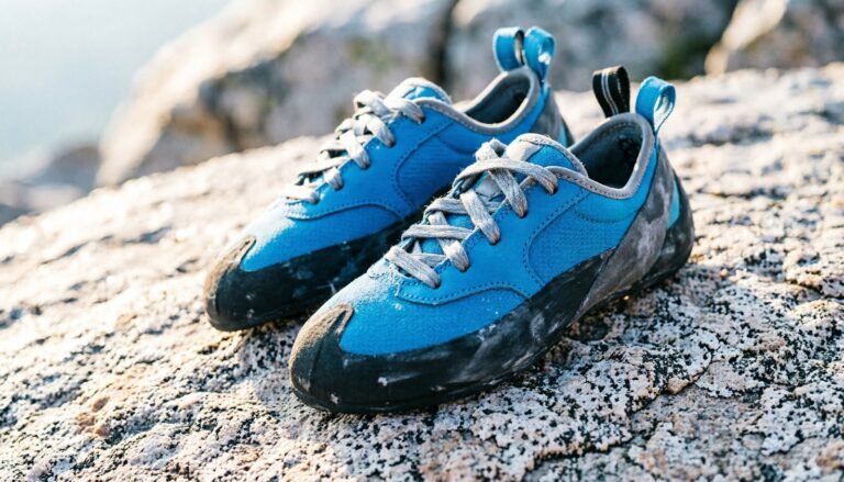 Pair of professional climbing shoes resting on a textured granite rock surface.