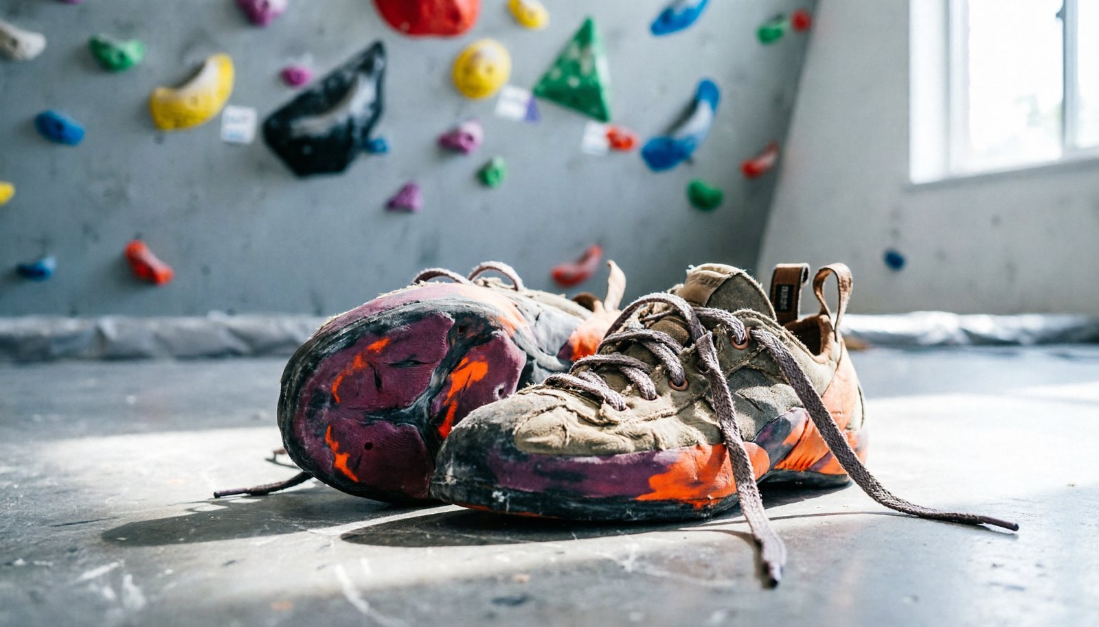 A pair of worn climbing shoes placed on a gym floor before cleaning.