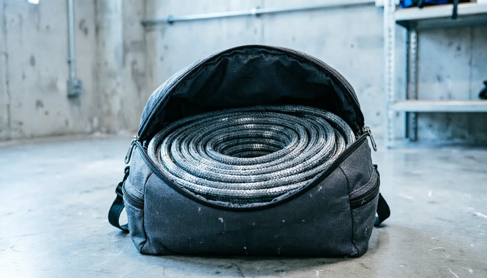 A properly stored climbing rope inside a protective bag in a cool room.