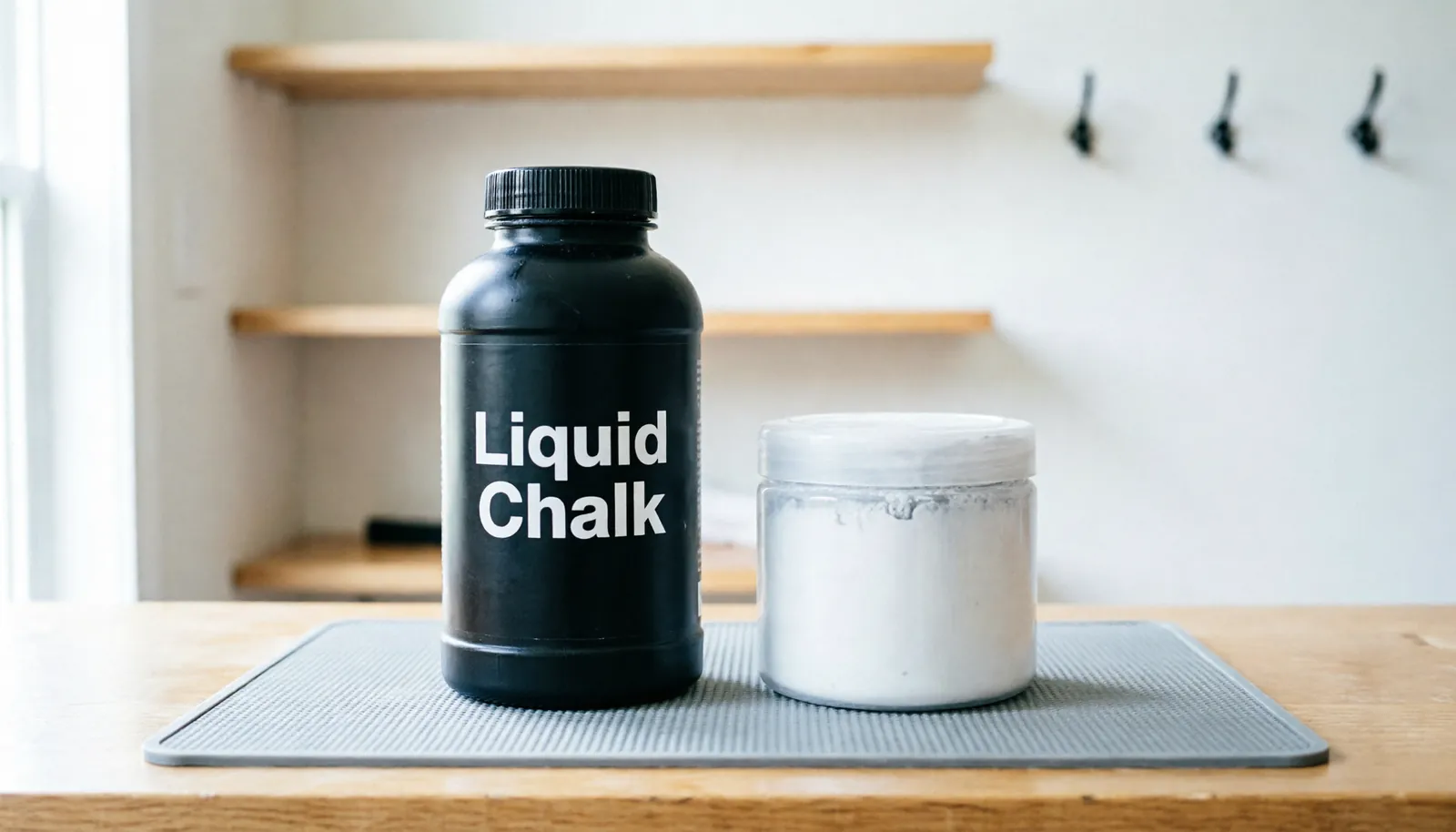 Properly stored containers of liquid and powder climbing chalk on a shelf.