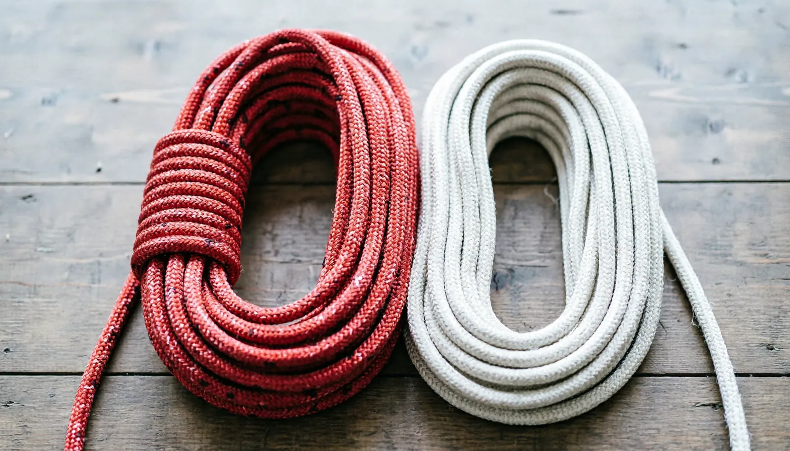 Side by side comparison of a dynamic climbing rope and a static rope.