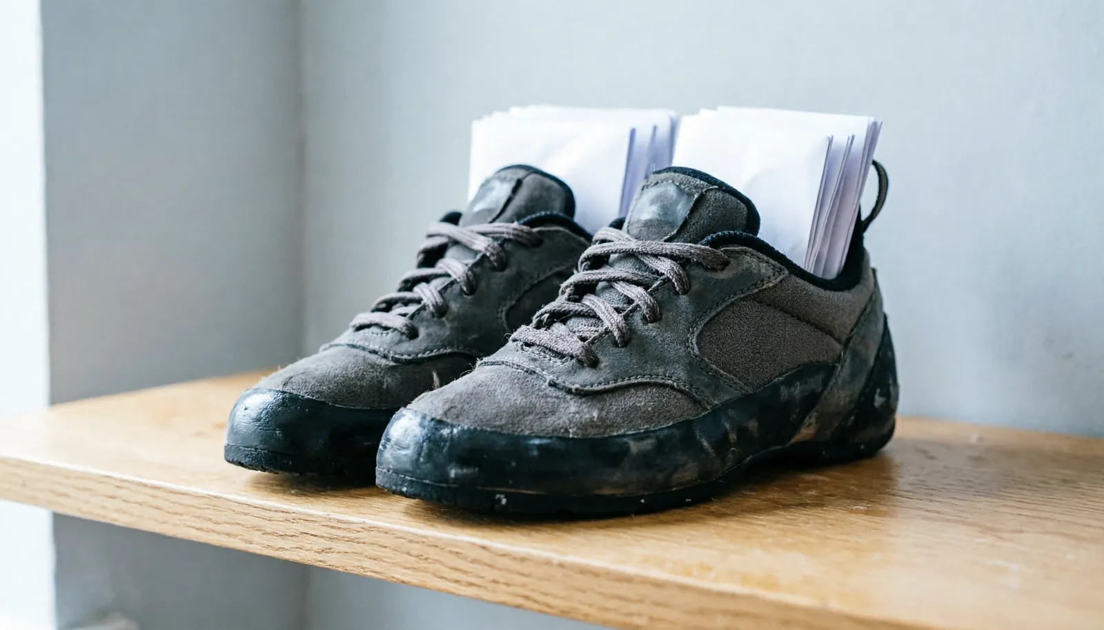 Well-maintained climbing shoes stored correctly on a shelf with paper inserts.