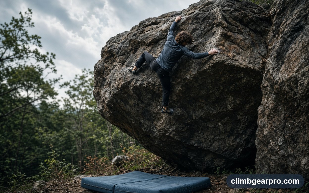 A climber using bouldering crash pads at an outdoor crag