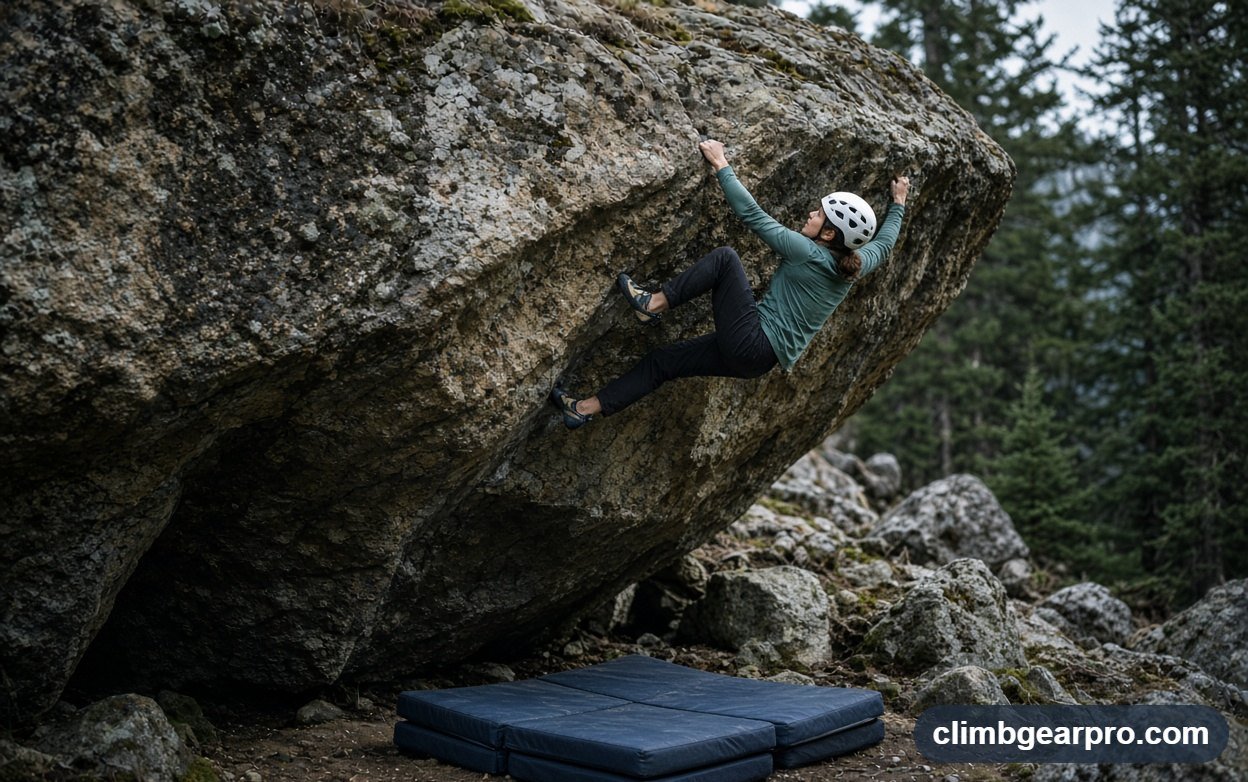 Close-up detail of bouldering crash pads while climbing