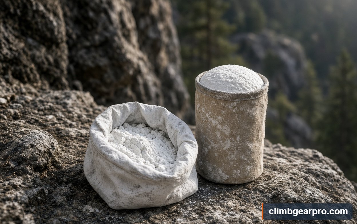 Close-up detail of climbing chalks while climbing