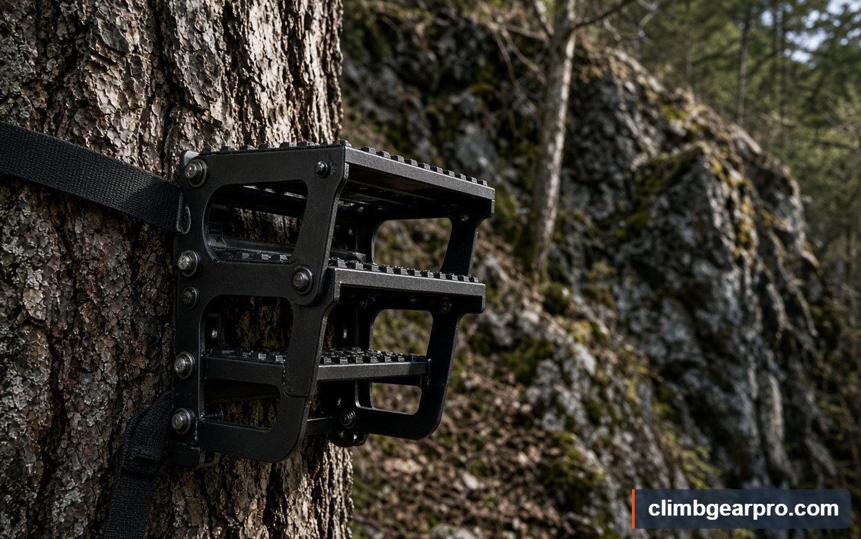 A climber using climbing sticks for saddle hunting 2026 at an outdoor crag