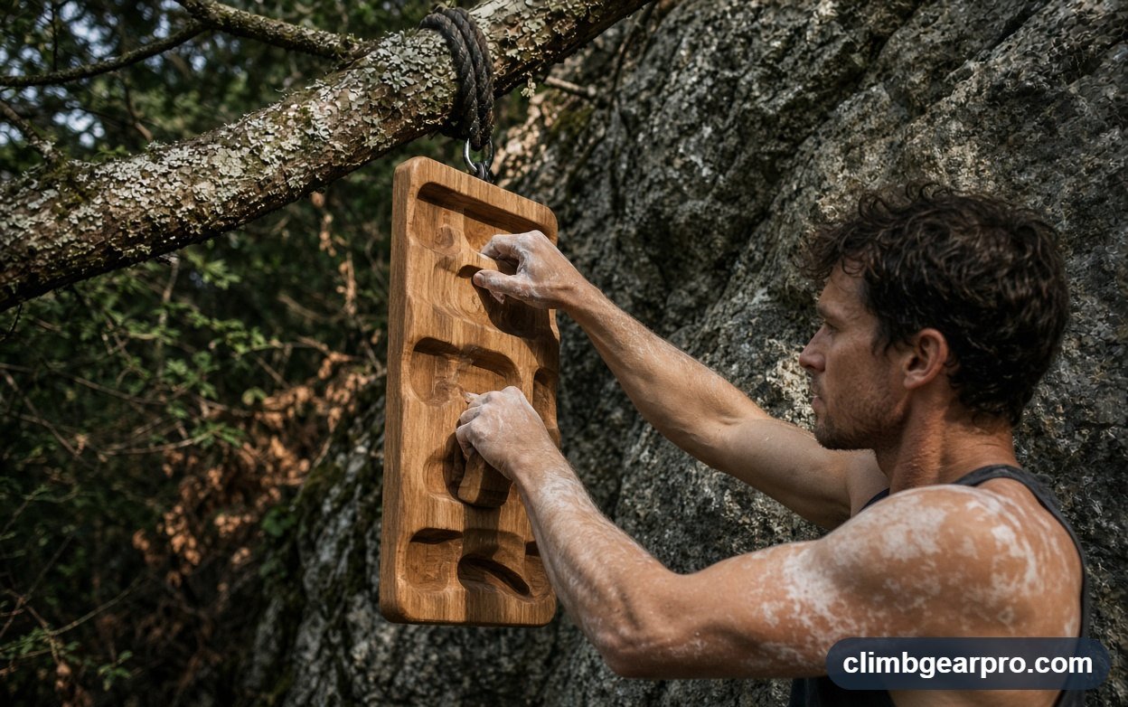 A climber using portable hangboards at an outdoor crag
