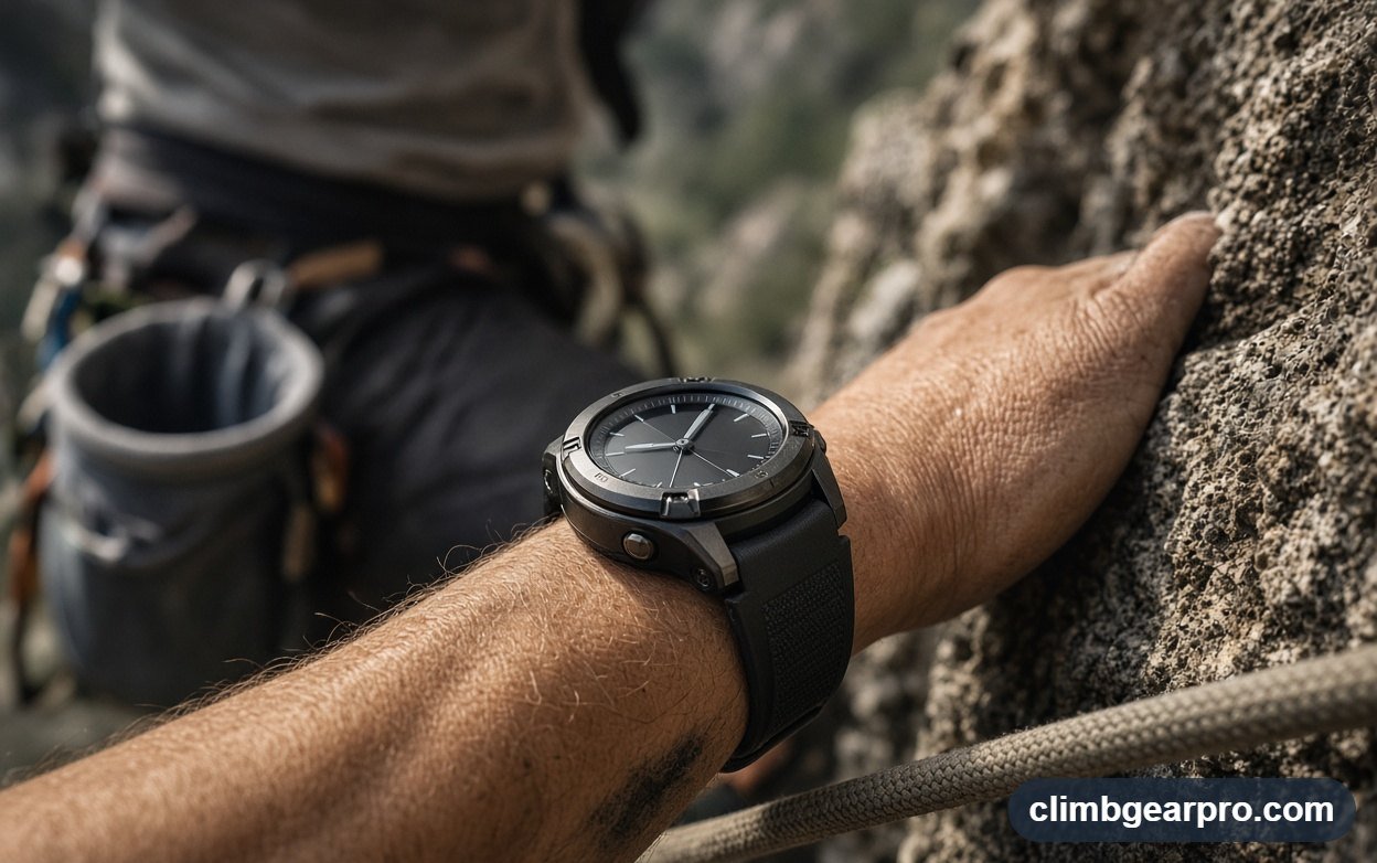 A climber using rugged GPS climbing watches at an outdoor crag